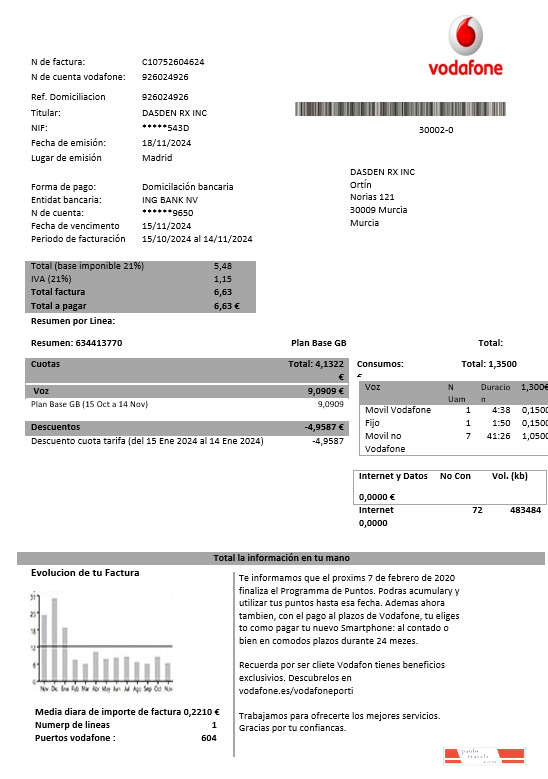 Spain Vodafone telecommunications business utility bill template in Word and PDF formats